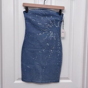 Blue Denim Rhinestone Strapless Mini Dress | Forever 21 XS